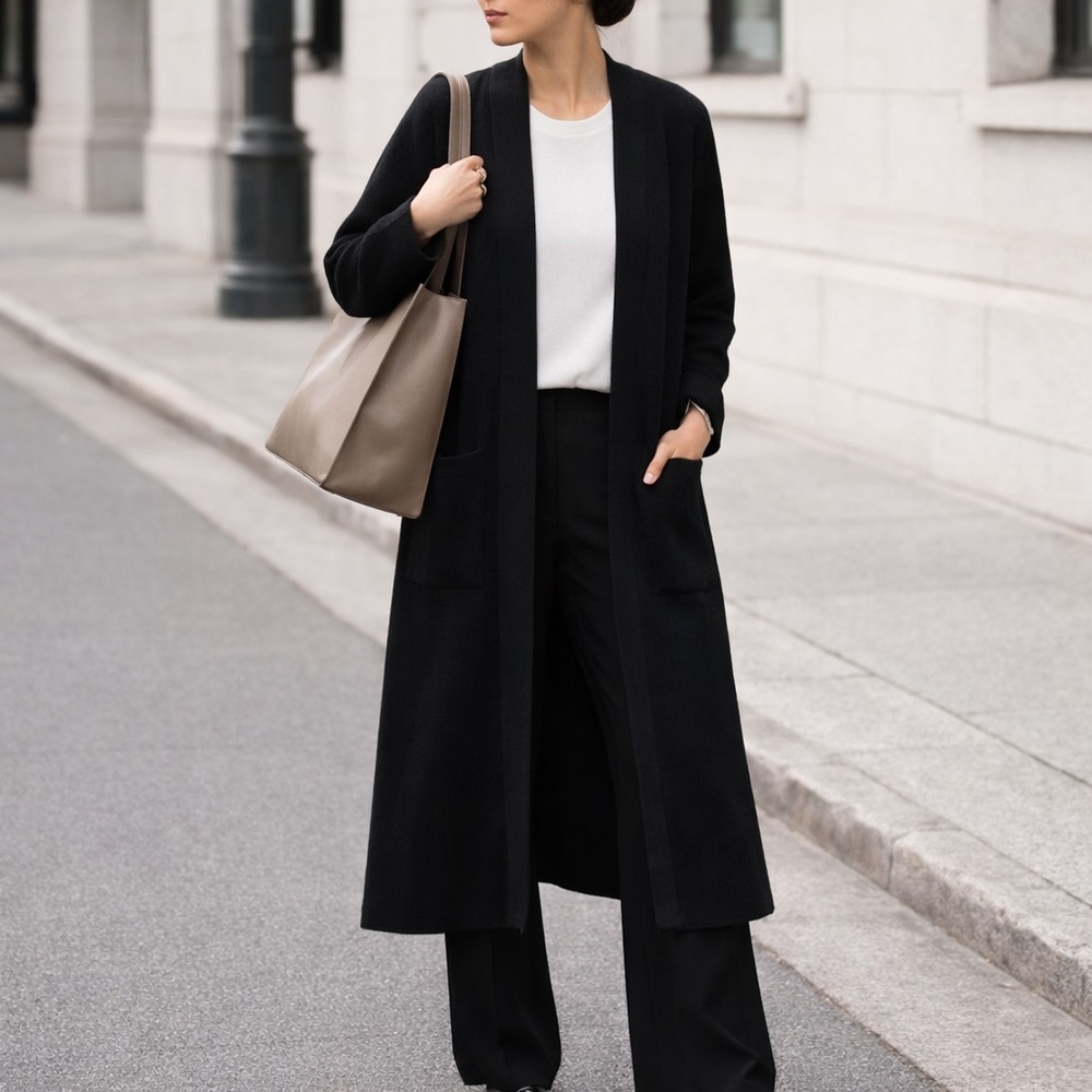 Elizabeth & James Black Longline Open Front Duster Cardigan w/ Pockets